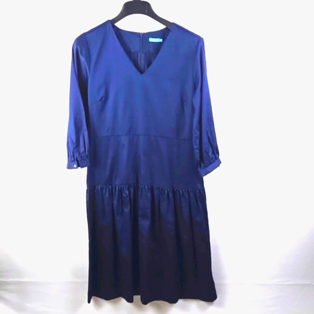 J. Mclaughlin Dara Sateen Sleeve Drop Waist Midi Dress Navy Blue Sz S Boho